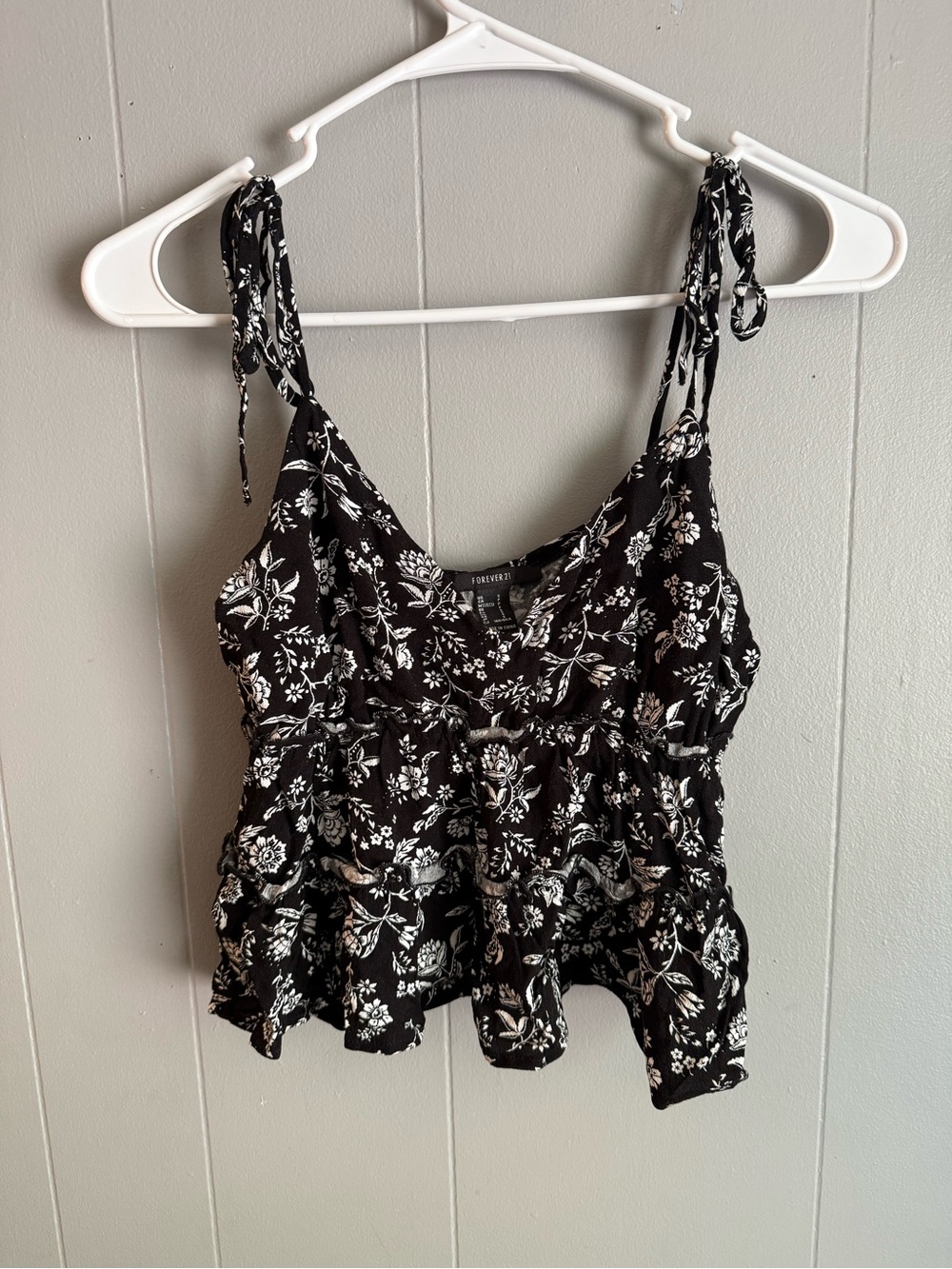 Black Floral Tie-Strap Peplum Tank